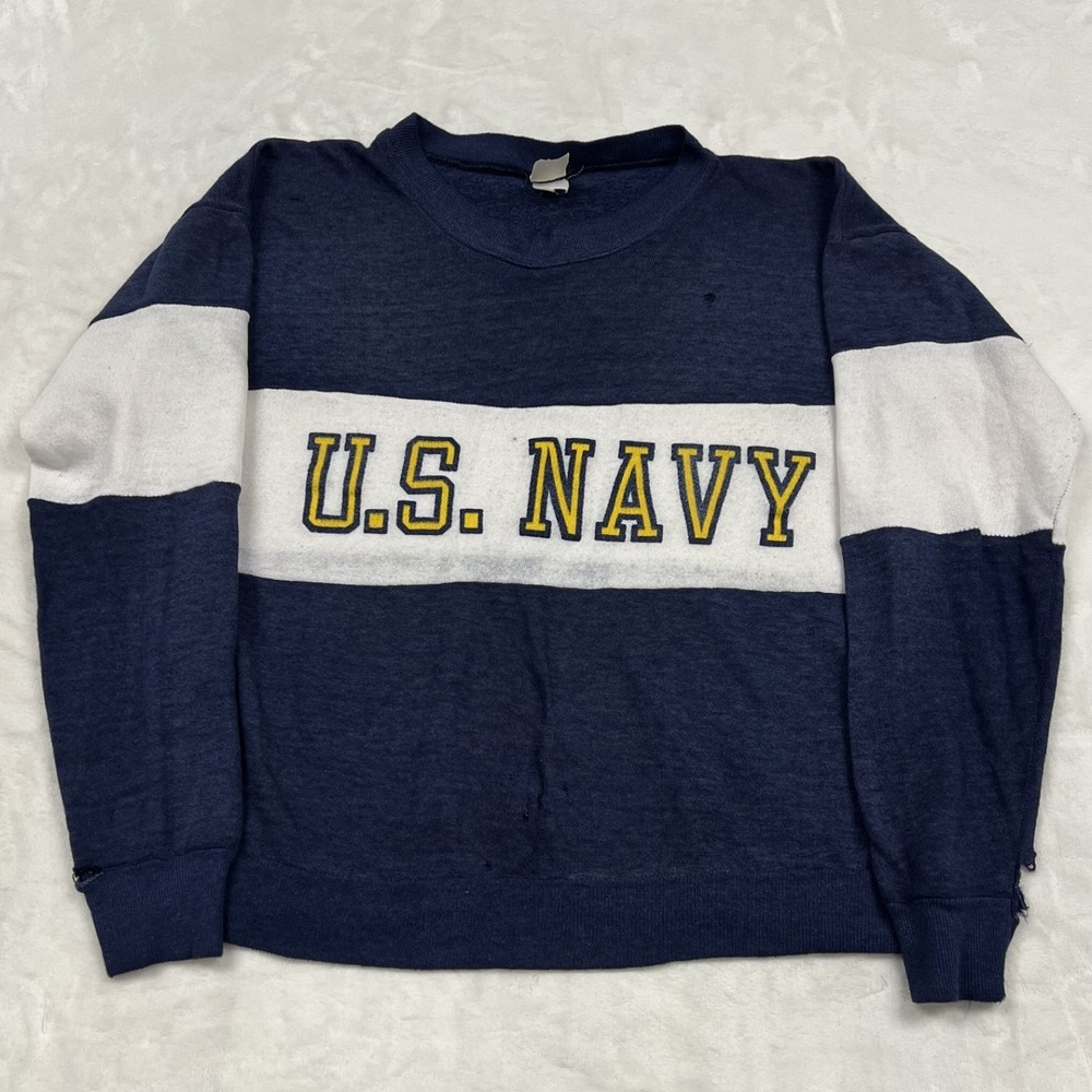 70s/80s US Navy Sweatshirt Mens M Blue White Distressed Pullover color block